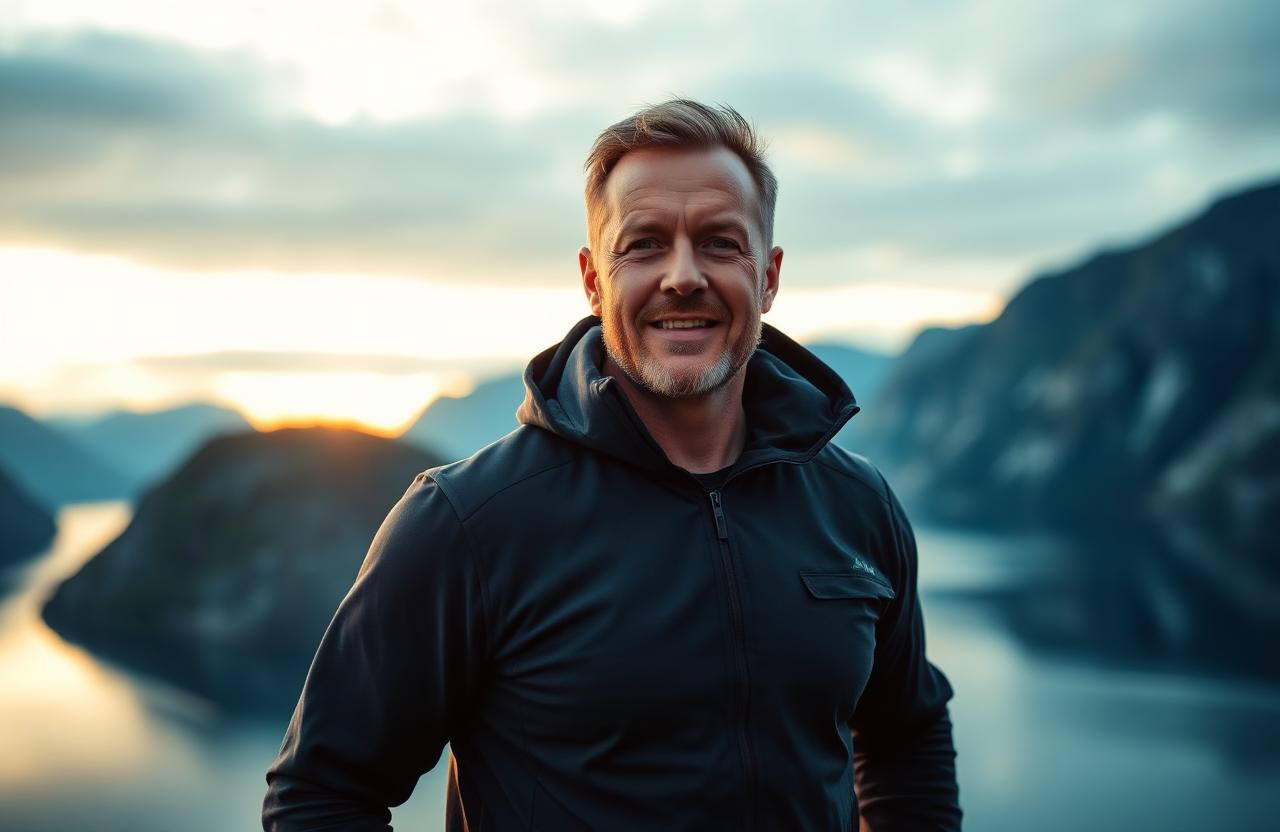 Confident Norwegian man feeling energetic after using MANERGY Male Enhancement